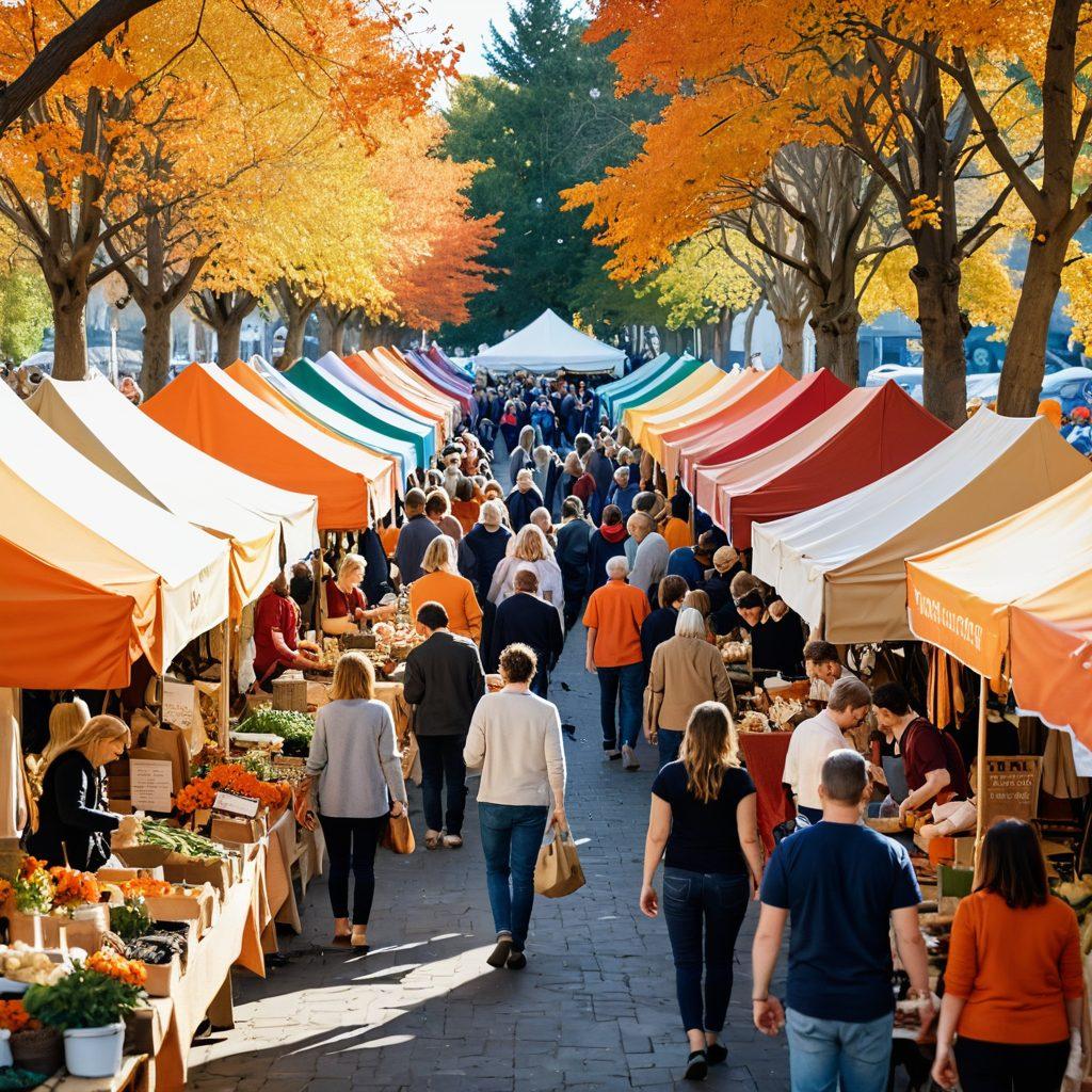 A vibrant community market scene showcasing diverse individuals joyfully exchanging affordable wholesale merchandise. Enchanting banners display phrases like 'Budget-Friendly Finds' and 'Community Love'. Include colorful booths filled with various products like handmade crafts, organic goods, and trendy accessories. Add a warm autumn backdrop with colorful leaves, creating an inviting atmosphere. super-realistic. vibrant colors. 3D.