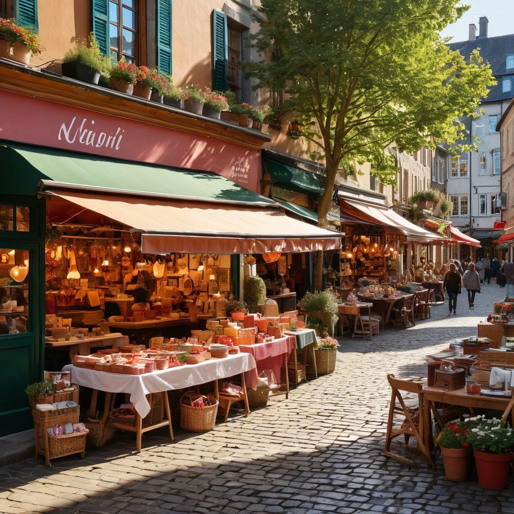 A vibrant marketplace scene showcasing various affectionate essentials like handmade crafts, heart-shaped items, and cozy home goods. Include enthusiastic vendors interacting with smiling customers, highlighting the joy of finding unique products at great deals. Sunlight filters through colorful awnings, casting cheerful shadows. Make it inviting and warm, evoking a sense of community and love for these essentials. vibrant colors. super-realistic.